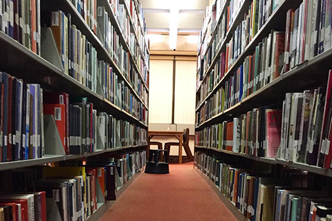 Aisle of library with books on shelves and red carpeting.