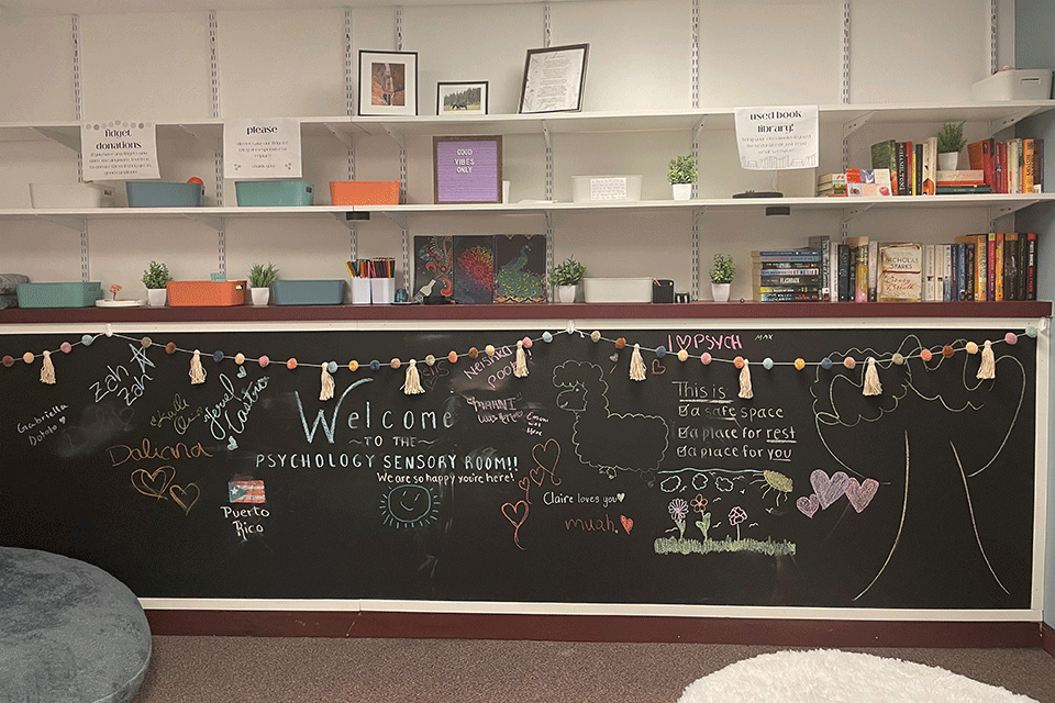 The sensory friendly room has a lending library, chalk wall, bean bag chair, and more.