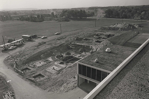 Aerial view of early development of Haffey Hall.