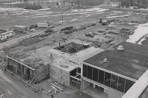 Aerial view of early development of Haffey Hall.