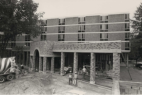 Construction on courtyard entrance of Haffey Hall