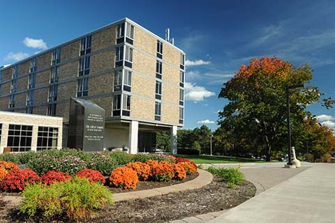 Haffey Hall with fall landscaping.