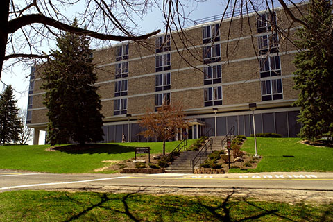 Landscape view of Haffey Hall on Fisher campus.