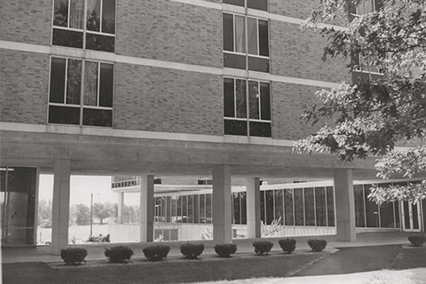 View through walkway under Haffey Hall