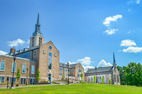 Landscape of Kearney Hall at St. John Fisher University.