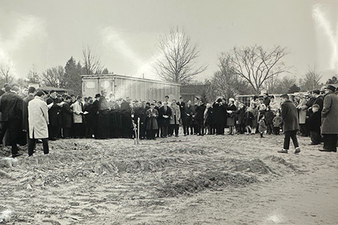 Black and white photo of a group at the groundbreaking for Murphy Hall.