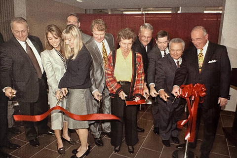 A group at the ribbon cutting for the Wegmans School of Pharmacy