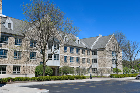 Landscape of Founders residence hall.