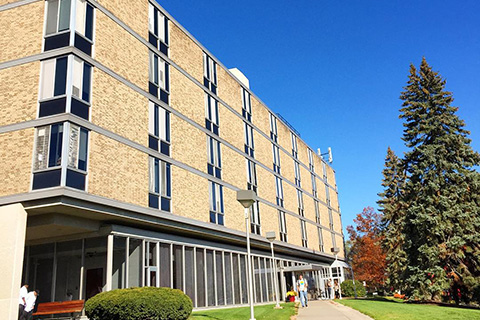 Landscape of Haffey residence hall.