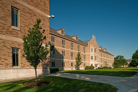 Landscape of Keough residence hall.