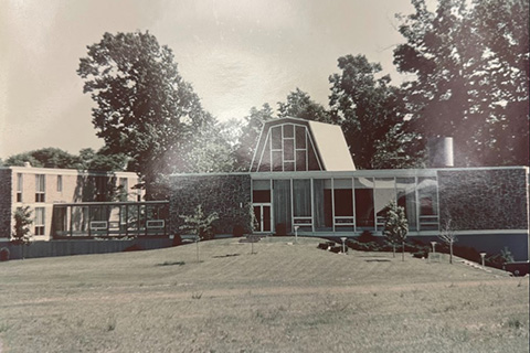 Black and white photo of Michaelhouse residence hall.