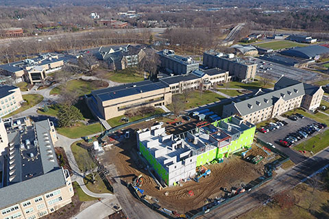 Aerial view of early development of Upper Quad residence hall.