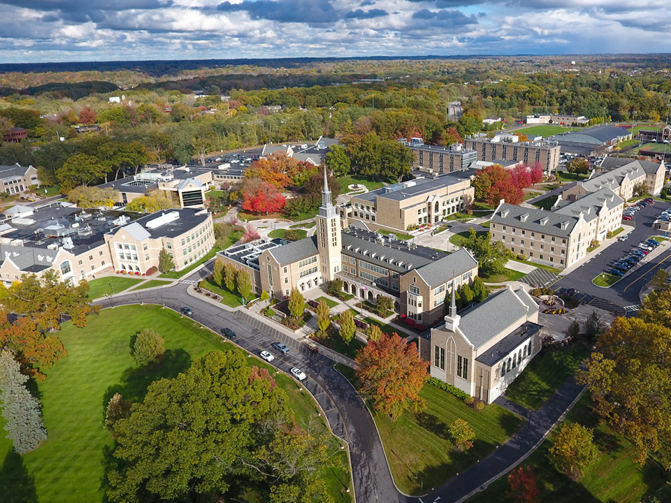 Aerial image of campus in the fall