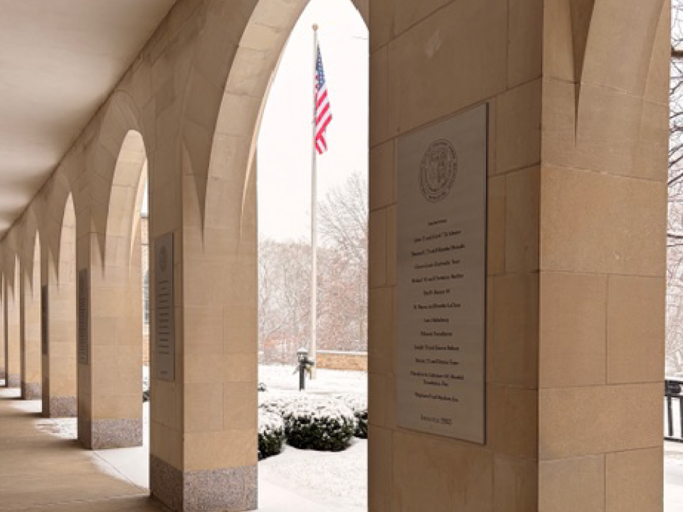 Pillars and a snowy landscape