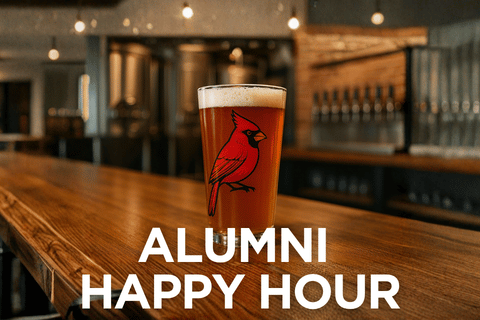 Pint glass with a cardinal and text stating Alumni Happy Hour