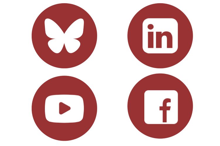 Four social media icons for Bluesky, LinkedIn, YouTube, and Facebook arranged in a square. Each icon is in white surrounded by a red circle.