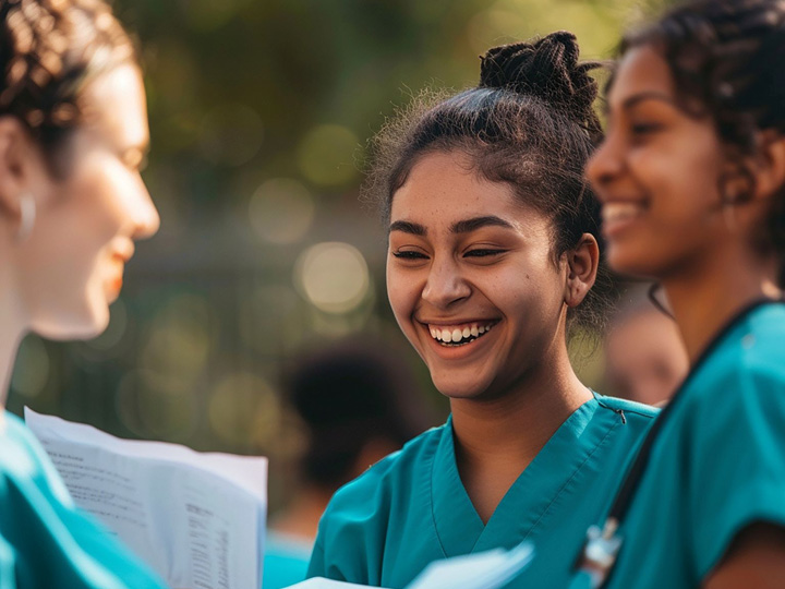 A group of nursing students in teal scrubs talking and smiling.