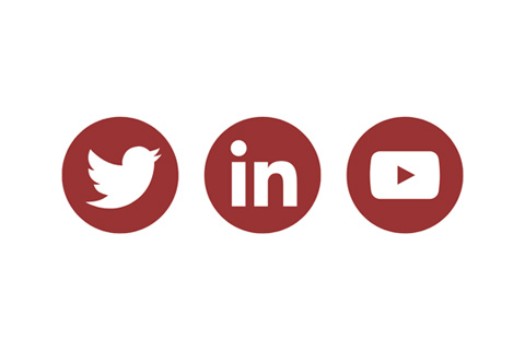 Logos for Twitter, LinkedIn, and YouTube in red