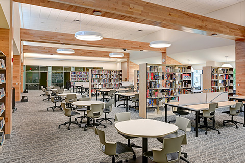 Lavery Library interior with book collection and seating.