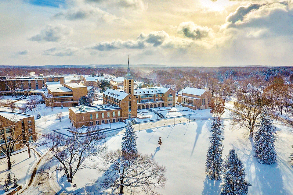 An aerial shot of campus in the winter.