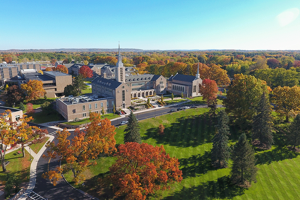 Aerial view of St. John Fisher University's campus in the fall.