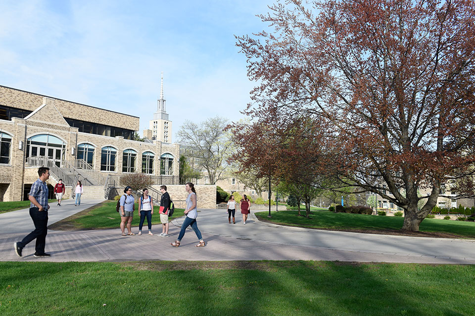 Students walking through LeChase Commons.