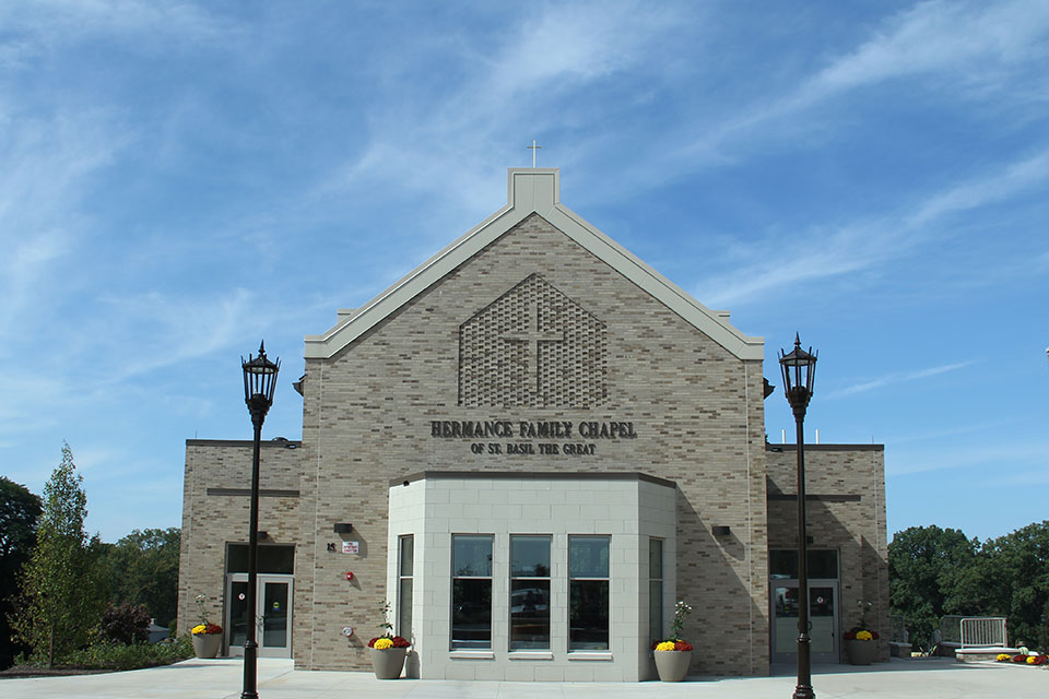 An exterior photo of the Hermance Family Chapel of St. Basil the Great.