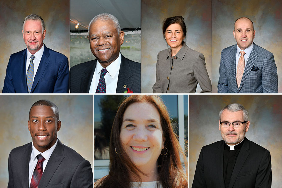 James R. Reis ’79, William G. Clark ’78, Rebecca Pelino ’86, Matthew J. Rowe ’90, Anthony Lee ’17, Heather Williams ’85, and Rev. George T. Smith, CSB were welcomed to the St. John Fisher College Board of Trustees this year.