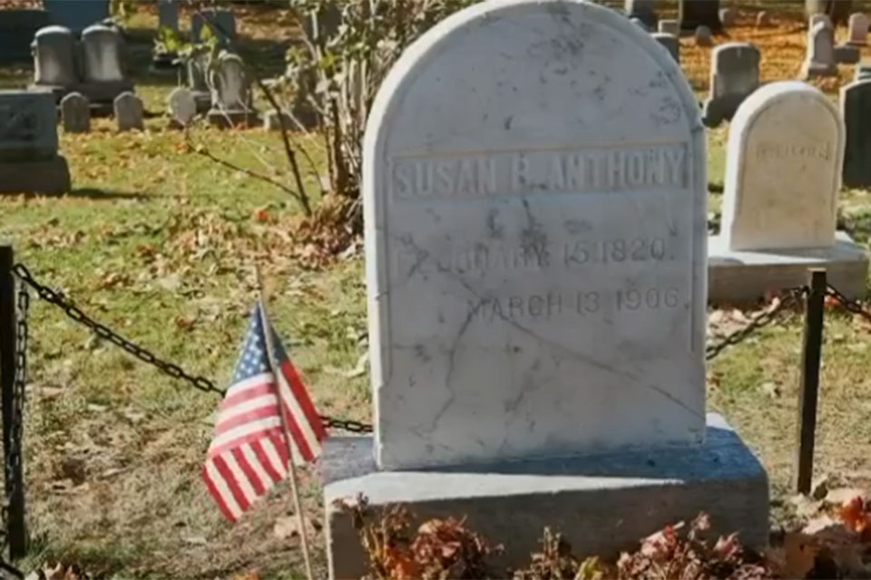 A still image of Susan B. Anthony's gravestone from the film.