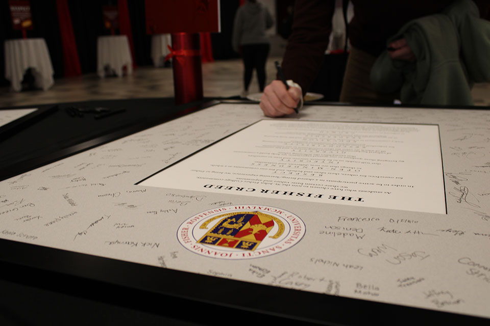 The Fisher Creed is a statement of values and aspirations espoused by Fisher students. Signed copies hang in the Donald E. Bain Campus Center.