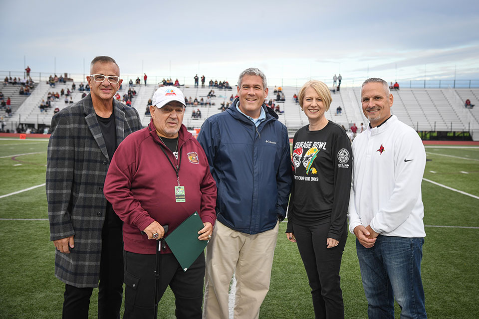 From Left to Right: Rochester businessman Sam Fantauzzo, Camp Founder Gary Mervis, Monroe County Executive Adam Bello, Brockport President Dr. Heidi Macpherson, Fisher Vice President of Enrollment Management Jose Perales.