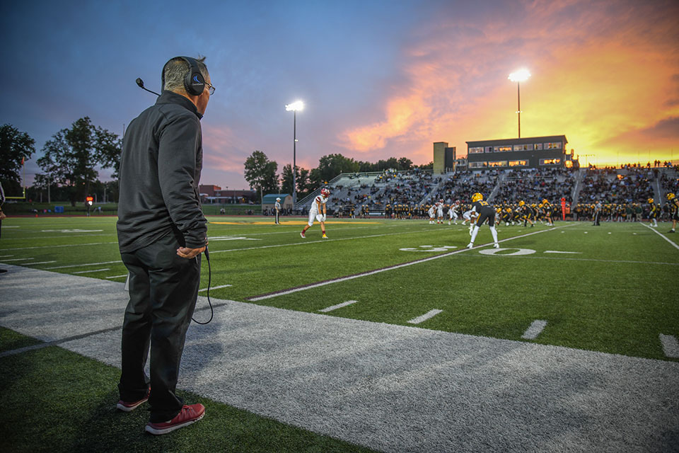 Football head coach Paul Vosburgh during the Courage Bowl.