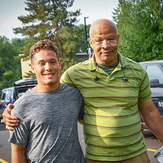 First-year student Daniel Delaney with his dad, Michael.