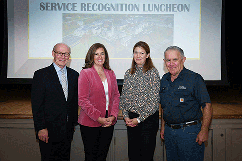 President Rooney with 25-year honorees Maherly Schaeffer, Jen Granger, and Ed Kushi