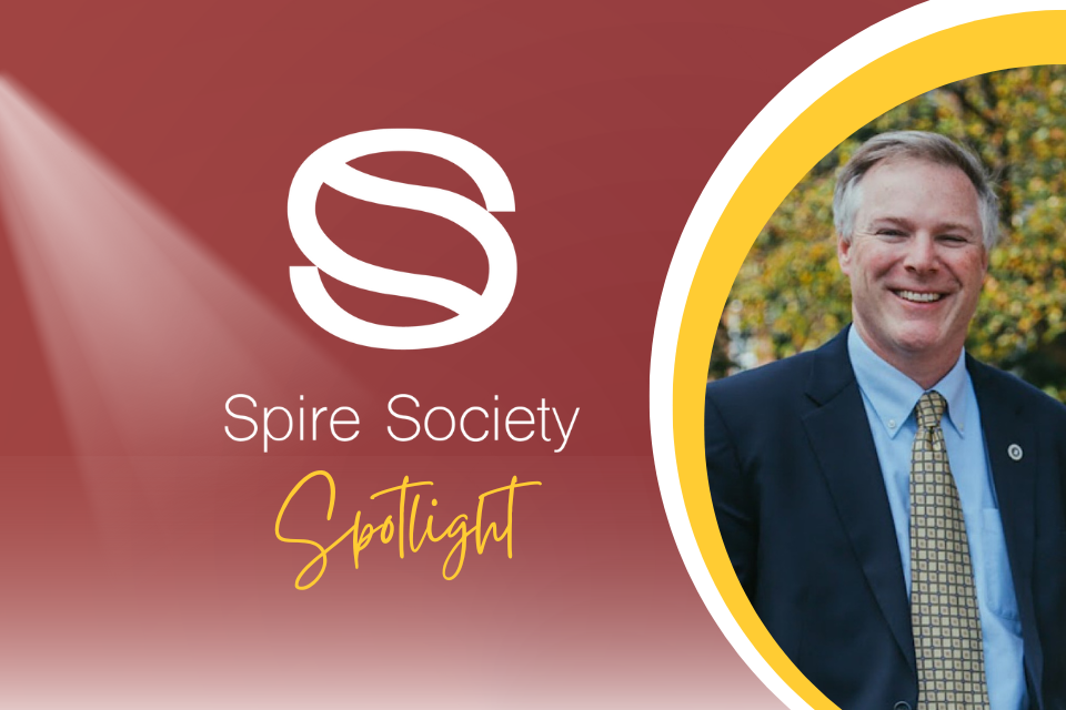 Headline: Spire Society Spotlight with a picture of Dean Dan Connolly