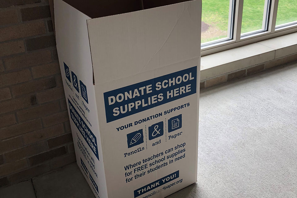 The College community can drop off school supplies at bins throughout campus.