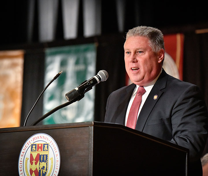 John T. McDonald, a member of the New York State Assembly and the only practicing pharmacist to sit on the legislature, delivered the ceremony’s keynote address. 