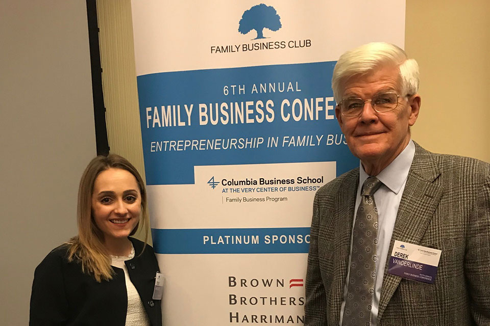 MBA student Tess Arnone with Family Business Fellow Derek Vanderlinde at the Colombia Family Business Conference.