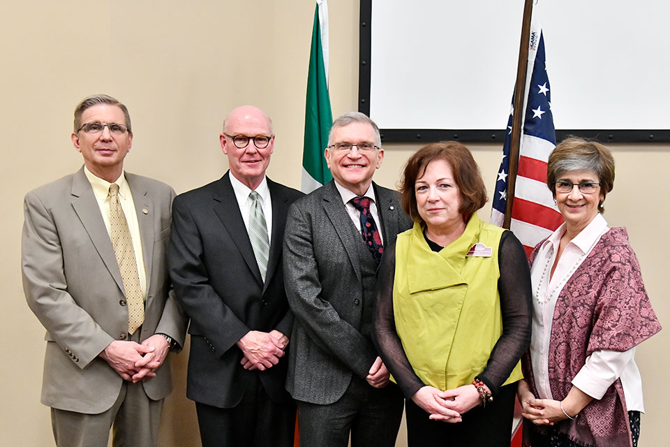 From left to right: Dr. Kevin Railey, President Gerard Rooney, Dr. John Wells, Dean Dianne Cooney Miner, and Ann Costello.