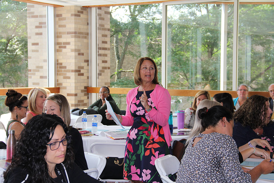 Dr. Susan Hildenbrand addresses teachers during a conference on trauma-sensitive classrooms held in 2019.