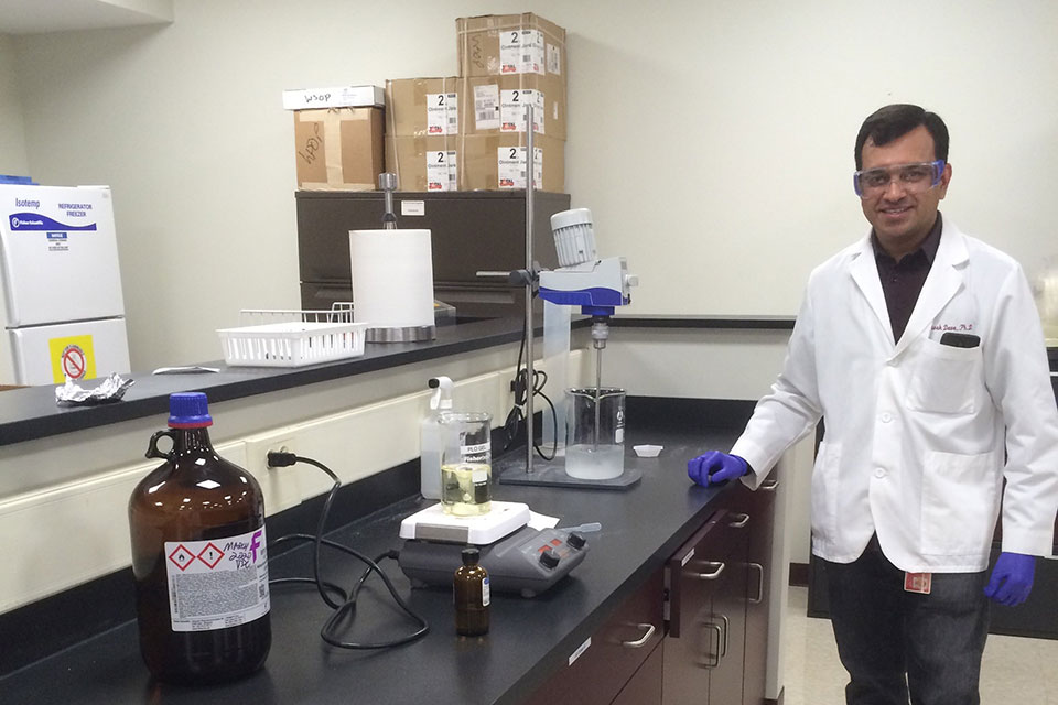 Vivek Dave makes hand sanitizer for community partners.