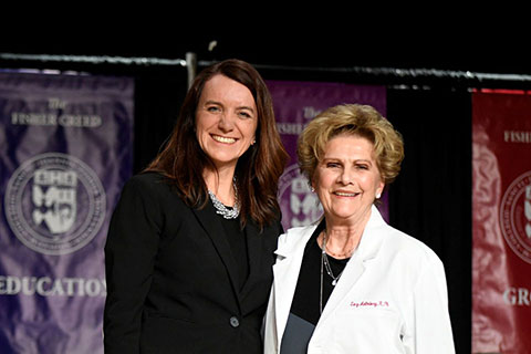   Dean Christine Birnie with Ludmilla (Lucy) P. Malmberg, who gave $100,000 to the Wegmans School of Pharmacy to fund student travel experiences.