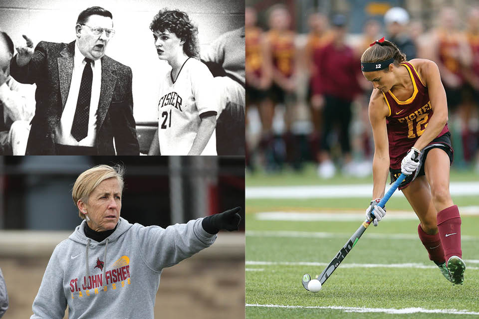 A collage of three photos: coach Phil Kahler speaking with a basketball player on the sidelines, Emily Markarian field hockey, coach LInda Michele on the sidelines