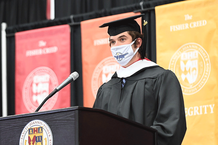 Jacob Risavi, a graduate of the School of Arts and Sciences, member of the men’s lacrosse team, and co-chair of the Student-Athlete Advisory Committee, delivered remarks on behalf of his class
