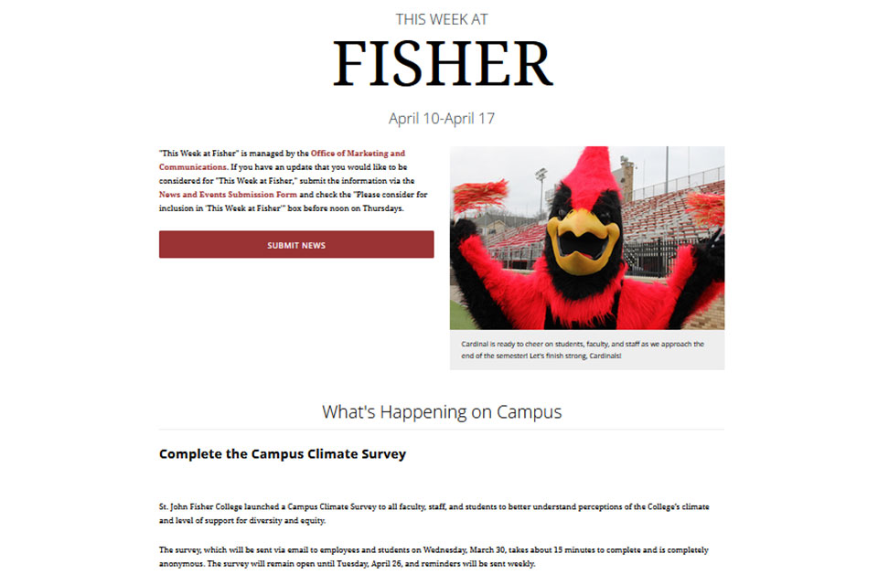 A screenshot of the This Week at Fisher webpage on the new intranet.