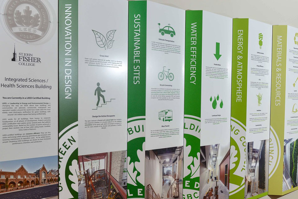 A display at the Integrated Science and Health Sciences Building shares sustainable elements of the building.
