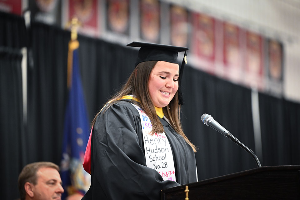 Tara Osterdale, an inclusive childhood education graduate, co-chair of the Student Athlete Advisory Committee, and member of the women’s lacrosse team, delivered remarks on behalf of her class.