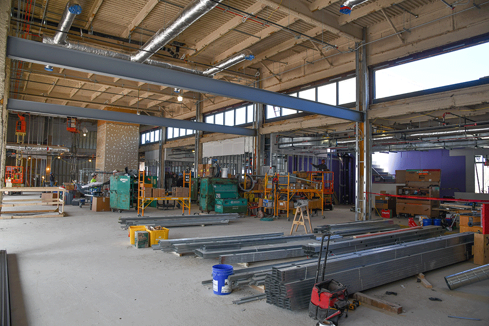 Construction crews work on the interior of Lavery Library.