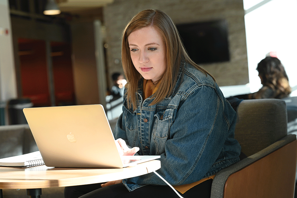 A student works on a laptop.