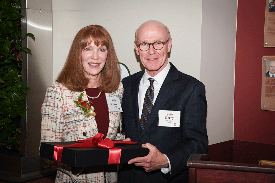 Janice Loss and President Rooney at the induction ceremony for Dr. Robert W. Loss, Jr. ’74 into the Science and Technology Hall of Fame.